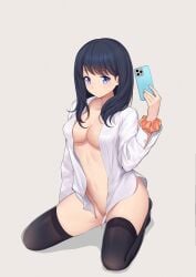 absurdres bangs black_hair black_legwear blue_eyes breasts cellphone cleavage collarbone collared_shirt dress_shirt eyebrows_visible_through_hair female full_body grey_background gridman_universe highres holding holding_phone kneeling long_hair long_sleeves luobo1220 medium_breasts naked_shirt open_clothes open_shirt orange_scrunchie phone scrunchie shiny shiny_hair shirt simple_background smartphone solo ssss.gridman standing straight_hair takarada_rikka thighhighs white_shirt wing_collar wrist_scrunchie