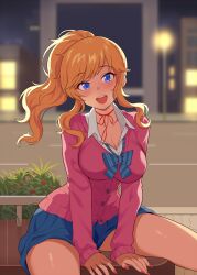 1girls big_breasts blonde_hair blue_eyes blush breasts cleavage female female_only genmon gyaru idolmaster looking_at_viewer nail_polish ootsuki_yui painted_nails ponytail school_uniform solo solo_female solo_focus thick_thighs wholesome