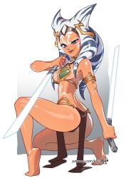 1girls ahsoka_tano alien alien_girl artist_name ass ass_cleavage athletic_female attacking_viewer background barefoot bikini blue_eyes bra breasts butt_crack clothed clothed_female clothing collar female female_focus female_only happy headband headgear holding_object holding_sword holding_weapon horn humanoid kajinman lightsaber loincloth looking_at_viewer melee_weapon metal_bikini neckwear orange_body patreon_username pose shiny_skin simple_background slave_ahsoka slave_bikini slave_leia_(cosplay) slave_outfit smile soles solo squatting star_wars star_wars_rebels sword tentacle tentacle_hair thighs togruta weapon white_background white_hair white_lightsaber