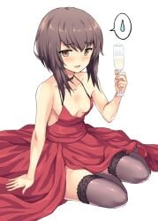 :d alcohol azur_lane bare_arms bare_shoulders black_choker blush breasts brown_eyes brown_hair brown_legwear champagne champagne_flute choker cocktail_dress collarbone cosplay cup dress drinking_glass female highres kantai_collection long_hair looking_at_viewer namesake open_mouth oversized_clothes rasahan red_dress short_hair sitting sleeveless sleeveless_dress small_breasts smile solo spoken_sweatdrop sweatdrop taihou_(azur_lane)_(cosplay) taihou_(forbidden_feast)_(azur_lane) taihou_(kantai_collection) thighhighs wine_glass yokozuwari