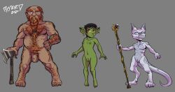 balrapha_(keroro623) barnabus_(keroro623) blenafee_(keroro623) dwarf ear_piercing female flaccid flat_chested genitals girly goblin goblin_male group hairy humanoid kobold male mister_d model_sheet penis penis_size_difference piercing small_penis trio