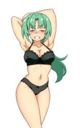 07th_expansion 1girls abridged-satoko armpits arms_behind_head big_breasts black_bra black_panties blush bra breasts busty cleavage collarbone female female_only green_eyes green_hair grin highres higurashi_no_naku_koro_ni large_breasts legs long_hair looking_at_viewer mion_sonozaki navel panties ponytail pose posing seductive_smile sensual sexy_armpits smile solo teeth thighs underwear white_background