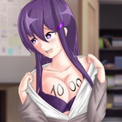 breasts cleavage ddlc_background doki_doki_literature_club follower_celebration milestone_celebration moca_1atte purple_bra purple_eyes purple_hair yuri_(doki_doki_literature_club)