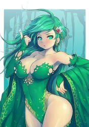 1girls anime_nose arm_sleeves curvy female female_only final_fantasy final_fantasy_iv green_eyes green_hair hair_ornament human large_breasts leotard looking_at_viewer mahito_(artist) no_visible_genitalia rydia small_waist solo standing thick_thighs thighhighs uncensored wide_hips