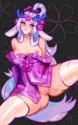 1girls animal_ears blush female hair_ornament humanized league_of_legends lillia_(league_of_legends) long_hair looking_at_viewer merellyne nipples one_breast_out partially_clothed pink_eyes presenting simple_background solo spirit_blossom_lillia spirit_blossom_series thick_thighs white_hair