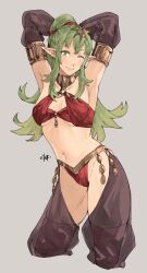 1girls ;) absurdres alternate_costume armpits arms_up bangs bare_shoulders breasts commentary_request cosplay cropped_legs dancer detached_sleeves female female_only fire_emblem fire_emblem_awakening fire_emblem_heroes green_eyes green_hair grey_background groin headpiece highres long_hair looking_at_viewer medium_breasts midriff navel nintendo olivia_(fire_emblem)_(cosplay) one_eye_closed pointy_ears ponytail sakuremi see-through_sleeves sidelocks simple_background smile solo standing stomach thighs tiki_(adult)_(fire_emblem) tiki_(fire_emblem)