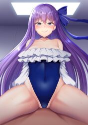 1boy 1girls blue_eyes cameltoe covered_navel cowgirl_position fate/grand_order fate_(series) girl_on_top highres kisaragi_nana leotard licking_lips long_hair meltryllis meltryllis_(swimsuit_lancer)_(fate) naughty_face partially_visible_vulva purple_hair ribbon_in_hair smile sweat thighs tongue tongue_out