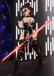 1girls 2d areola_slip ass big_ass big_breasts breasts brown_hair disney double_bladed_lightsaber electronics female female_only glassfish hood light-skinned_female lightsaber looking_at_viewer looking_back nipple_slip nipples red_lightsaber rey sideboob sith sith_empress sith_rey solo_female standing star_wars tagme the_rise_of_skywalker thick_thighs weapon wide_hips