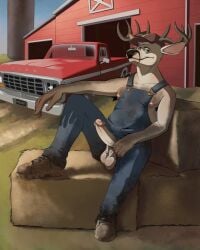 anthro antlers arm_hair balls barn body_hair boots cervid clothing erection footwear genitals hay hay_bale hi_res horn humanoid_genitalia humanoid_penis light_truck looking_at_viewer male mammal mobilemutt outside overalls penis pickup_truck reclining redneck smile solo truck_(vehicle) trucker_hat vehicle