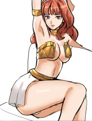 1girls breasts celica_(fire_emblem) covering female female_only fire_emblem fire_emblem_echoes:_shadows_of_valentia frown fully_clothed large_breasts looking_at_viewer nintendo panties revealing_clothes royalty slave solo sunbeam_(artist) white_panties