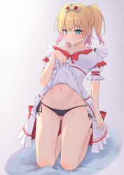 1girls 2d 2d_(artwork) akai_haato alternate_costume alternate_hairstyle ass_visible_through_thighs bare_legs bare_midriff bare_thighs belly belly_button big_breasts black_panties blonde_hair blue_eyes cameltoe dress dress_lift embarrassed eyebrows_visible_through_hair female female_focus female_only haachama hanefuro hi_res hololive hololive_gen_1 hololive_japan midriff panties pink_hair short_hair shy simple_background solo solo_female solo_focus thighs tiara toned_female twintails two_tone_hair underwear virtual_youtuber white_background