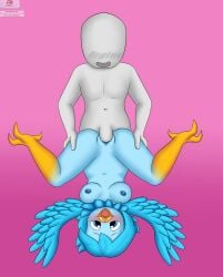 anon blue_feathers blue_hair breasts filler_shmazman grey_skin hands_on_hips martlet_(undertale_yellow) no_eyes on_back penis talons undertale undertale_fanfiction undertale_yellow vaginal_penetration