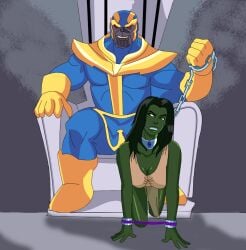 1boy 1girls avengers big_breasts bit_gag bondage chains collar female fully_clothed gag green-skinned_female green_skin heroine hulk_(series) male maledom marvel marvel_comics petplay pikname45 purple-skinned_male she-hulk simple_background slave straight thanos throne