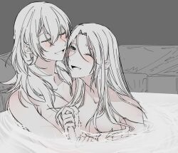 2girls bath bathing blush byleth_(fire_emblem) byleth_(fire_emblem)_(female) closed_eyes cute edelgard_von_hresvelg english_commentary female female_only fire_emblem fire_emblem:_three_houses huge_breasts long_hair messy_hair monochrome multiple_girls nintendo nude partially_submerged piiroinardesco wholesome yuri