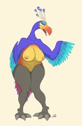 absurd_res anthro avian beak bedroom_eyes big_breasts bird bird_feet breasts feathered_crest feathered_wings feathers female genitals glistening glistening_breasts head_crest head_tilt hi_res huge_breasts kevin_(up) knock-kneed looking_at_viewer mature_female narrowed_eyes nipples nude open_mouth pussy red_body red_feathers seductive semi-anthro signature simple_background solo spread_wings standing tail_feathers talons thick_thighs tongue tongue_out wide_hips winged_arms wings zagz