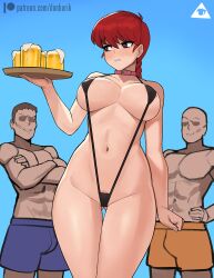 beer blue_eyes collar donburikazoku ranma-chan ranma_1/2 ranma_saotome red_hair rule_63 serving_drink serving_tray sling_bikini slingshot_bikini