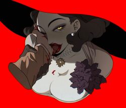 alcina_dimitrescu big_breasts black_hair cleavage closed_eye diagnestichesk1 earrings flower hat licking licking_blood licking_hand looking_at_viewer male_hand necklace red_background resident_evil resident_evil_8:_village tagme wrist_grab