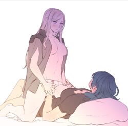 2girls barefoot between_legs black_shirt blue_hair blush bow bow_panties breasts byleth_(fire_emblem) byleth_(fire_emblem)_(female) cleavage commentary cowgirl_position downblouse edelgard_von_hresvelg english_commentary female female_only fire_emblem fire_emblem:_three_houses girl_on_top guided_crotch_grab hand_between_legs highres long_hair looking_at_another lying medium_breasts multiple_girls nintendo no_bra on_back on_bed open_clothes open_shirt pale_skin panties partially_clothed pillow post-timeskip purple_eyes radiostarkiller shirt shoulder_pads silver_hair straddling t-shirt underwear white_hair white_panties yuri