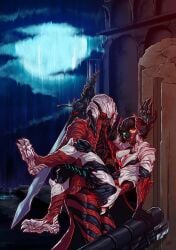 absurd_res alternate_version_available breasts breasts_out cute dante demon_boy demon_girl devil_may_cry devil_may_cry_3 devil_trigger half-dressed heterochromia intimate kneehighs lady_(devil_may_cry) passionate steadxknight sword transformation wall_sex