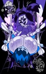 ass big_ass big_butt blue_scales bottomless bound_wrists bubble_butt face_in_ass facesitting femdom heart jevans limited_palette monster_girl muffet multi_arm multi_eye multi_limb purple_scales shorts_down simple_shading spider spider_girl spider_web sweat swing undertale