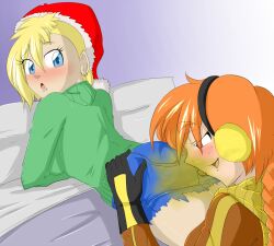 bedroom_eyes blonde_hair blue_eyes enjoying_farts fart fart_cloud fart_fetish farting_in_face farting_on_face freefallen_(artist) jacket jeans orange_hair pale_skin sniffing yuri