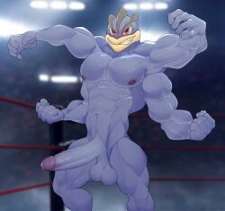 1boy anthro balls blush bodily_fluids deuzion erection gay genital_fluids genitals hi_res long_torso looking_at_viewer lykansden machamp male male_only multi_arm multi_limb muscular muscular_male nintendo nipples nude penis pokémon_(species) pokemon pokemon_(species) precum solo solo_male video_games