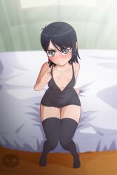 1girls bed bedroom black_eyes black_hair black_legwear black_nail_polish black_nails blush boruto:_naruto_next_generations cleavage elchasconsito female female_focus female_only female_pubic_hair indoors inner_sideboob legs legwear light-skinned_female light_skin lingerie long_fingernails long_nails looking_at_viewer nail_polish naruto naruto_(series) no_shoes on_bed painted_nails pale-skinned_female pale_skin petite pubes pubic_hair pussy sarada_uchiha see-through see-through_clothing short_hair shounen_jump sleeveless_dress small_breasts smile smiling solo solo_female solo_focus thighhighs thighs vagina wide_hips