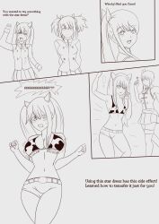 breast_expansion breasts chelia_blendy chronusdraws comic cow_bikini cow_girl cow_print english_text fairy_tail female female_only hair_accessory hair_ornament hair_ribbon lucy_heartfilia monochrome multiple_girls no_color ponytail small_breasts surprised surprised_expression text twintails wendy_marvell wink winking