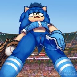 andromorph anthro arrow_hearted baseball_field baseball_glove baseball_uniform blue_fur cuntboy cute fingering furry intersex public public_exposure public_masturbation public_nudity pussy pussy_juice_drip pussy_juice_string socks sonic_(series) sonic_the_hedgehog sonic_the_hedgehog_(series) thick_thighs