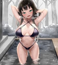 arms_behind_head bikini blue_eyes cum cum_everywhere cum_on_thighs eye_contact hi_res high_resolution highres hime_cut kurosawa_dia large_filesize leaning_forward looking_at_viewer love_live! love_live!_sunshine!! mole mole_under_mouth multi-strapped_bikini partially_submerged sidelocks tem10