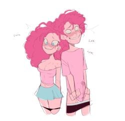 1boy 1girls areola_slip areolae big_breasts bubble-berry bulge curly_hair erection female genderswap_(ftm) humanized my_little_pony nicumkoro pink_hair pinkie_pie_(mlp) precum rule_63