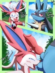 animal_genitalia animal_penis animated anthro ball_sniffing ball_worship balls blue_eyes blush canine_penis closed_eyes comic dialogue duo eeveelution english_text eparihser erection feral genitals knot lucario male male/male male_sylveon nintendo open_mouth outside penis pokemon pokemon_(species) red_eyes ribbons risenne rozick smile sniffing spikes standing sylveon tail_motion tailwag text video_games