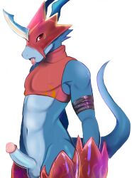 1boy abs anthro armor asikku balls bandai_namco belt blue_body bottomless clothed clothing digimon digimon_(species) erection flamedramon genitals headgear helmet hi_res male male_only navel penis red_eyes small_waist solo tongue tongue_out