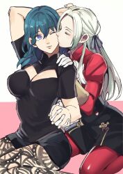 2girls arm_up bangs black_shirt black_shorts breast_size_difference breasts byleth_(fire_emblem) byleth_(fire_emblem)_(female) cleavage cleavage_cutout closed_eyes clothing_cutout commentary edelgard_von_hresvelg female female_only fire_emblem fire_emblem:_three_houses green_hair hair_between_eyes hair_ribbon hand_on_another's_shoulder highres holding_hands interlocked_fingers kiss kissing kissing_cheek large_breasts legwear_under_shorts midriff multiple_girls nintendo one_eye_closed oragamura999 pantyhose patterned_clothing print_legwear protected_link red_legwear ribbon shirt short_shorts shorts silver_hair simple_background teacher teal_hair turtleneck white_background yuri