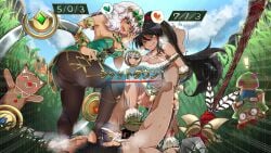 2girls ballbusting big_breasts blush cbt cock_and_ball_torture cum dark_hair defeated female femdom footjob green_eyes laughing league_of_legends multiple_girls nidalee qiyana_yunalai riot_games sett tagme teemo tukutuki tukutuki_artist white_hair yellow_eyes