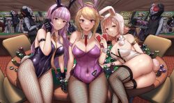 3girls 6+boys 6+girls ahoge akamatsu_kaede alcohol amami_rantarou animal_ear_headwear animal_ears animal_helmet arm_strap ass bandaged_hand bandages bangs between_breasts black_gloves black_hair black_leotard blonde_hair blouse blunt_bangs braid breasts brown_chair brown_hair bunny_ears bunnysuit card casino casino_card_table celestia_ludenberg chair cleavage closed_mouth cocktail_glass cup danganronpa danganronpa:_trigger_happy_havoc danganronpa_(series) danganronpa_1 danganronpa_2:_goodbye_despair danganronpa_another_episode:_ultra_despair_girls danganronpa_v3 detached_collar drill_hair drinking_glass english_text fake_animal_ears female female_focus fishnet_legwear fishnets galaga gloves glowing glowing_eye green_hair hagakure_yasuhiro hair_ornament hairclip helmet highres holding holding_card holding_tray ippers iruma_miu kirigiri_kyouko komaeda_nagito large_breasts leather leather_gloves leotard long_hair looking_at_viewer lying lying_on_table medium_breasts mole mole_on_breast monokuma multiple_boys multiple_girls musical_note musical_note_hair_ornament nanami_chiaki navel neck_ribbon necktie necktie_between_breasts on_table oowada_mondo open_mouth orange_hair orange_necktie orange_neckwear ouma_kokichi pantyhose pekoyama_peko people pink_eyes pink_hair pink_leotard playboy_bunny playing_card poker_chip poker_table public_indecency purple_eyes purple_hair rabbit_ears rabbit_girl rabbit_hair_ornament rabbit_tail red_necktie red_neckwear red_ribbon ribbon server shirt short_hair short_sleeves side_braid sitting sitting_on_object sitting_on_table slot_machine standing straight_hair striped striped_shirt studded_gloves swept_bangs t-shirt table tail tanaka_gundam thighhighs tongue tray twin_drills waiter white_hair white_leotard wine wine_glass wrist_cuffs yamada_hifumi