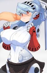 atlus big_breasts big_penis cute embarrassed huge_breasts imminent_oral jellcaps labrys penis_awe persona persona_4 persona_4:_the_ultimate_in_mayonaka_arena persona_4_arena robot robot_girl robot_humanoid wavy_mouth