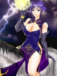 1girls bare_legs bare_thighs breasts cleavage earrings elbow_gloves female female_only fire_emblem fire_emblem:_the_blazing_blade gloves horse horseback_riding large_breasts legs magic morison_no.1 night nintendo open_mouth pelvic_curtain purple_eyes purple_hair riding smile solo thighs ursula_(fire_emblem) villain