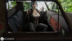 1girls 3d alternate_version_available big_breasts blue_hair chloe_price driving female female_only fully_clothed headwear human life_is_strange middle_finger neckwear outdoors pale-skinned_female pale_skin ruru3dx solo trees truck vehicle woods wristwear