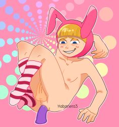 1boy birthday_gift blonde_hair blue_eyes blush bunny_ears dick dildo dildo_in_ass masturbating nipples pink_background popee_(popee_the_performer) popee_the_performer solo_male striped_socks