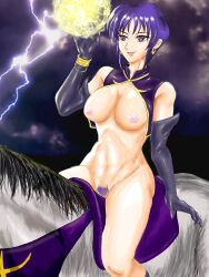 1girls bare_legs bare_thighs boots breasts earrings elbow_gloves electricity female female_only female_pubic_hair fire_emblem fire_emblem:_the_blazing_blade gloves horse horseback_riding large_breasts legs lightning magic morison_no.1 naked_gloves nintendo nude nude_female open_mouth pubic_hair purple_eyes purple_hair riding smile solo thighs ursula_(fire_emblem) villain