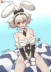 1girls absurdres alternate_costume alternate_hairstyle animal_ears bicute_bunnies_miku bicute_bunnies_miku_(cosplay) blush breasts bunny_ears bunny_girl bunnysuit cleavage collar corrin_(fire_emblem) corrin_(fire_emblem)_(female) cosplay double_bun egg female female female_only fire_emblem fire_emblem_fates fishnet_legwear fishnets gloves hair_ornament hairband highres large_breasts long_hair nintendo oerba_yun_fang pantyhose patreon_logo playboy_bunny pointy_ears rabbit_ears raydango red_eyes ribbon signature white_hair white_legwear