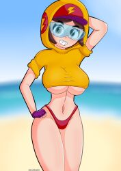 (mirius) 1girls big_breasts blue-tinted_eyewear brawl_stars brown_eyes brown_hair cap fingerless_gloves max_(brawl_stars) seditstub streetwear_max tinted_eyewear visor