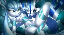 aki_(rilex_lenov) animal_ears anthro anthrofied blue_ribbon bondage breasts collar eeveelution female furry glaceon looking_at_viewer nude pokémon_(species) pokemon ribbon rilex_lenov solo white_eyes