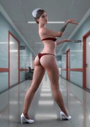 3d ass bra breasts brown_hair busty ellie_(the_last_of_us) ellie_williams female female_focus female_only freckles full_body high_heels hourglass_figure medium_breasts naughty_dog nurse nurse_cap panties standing tagme tattoo the_last_of_us the_last_of_us_2 thong viaphobia wide_hips