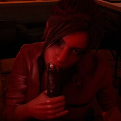 1boy 1girls 3d blowjob capcom claire_redfield claire_redfield_(jordan_mcewen) dark-skinned_male dark_skin fellatio interracial koyz3d male_pov penis_grab pov resident_evil resident_evil_2 resident_evil_2_remake