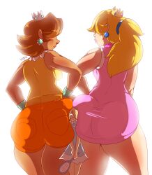 3girls ass blonde_hair brown_hair female_focus female_only femdom giantess hips huge_ass larger_female mario_(series) mario_tennis nintendo ponytail princess_daisy princess_peach princess_rosalina short_hair shorts size_difference smaller_female squish thaddeusmcboosh thick_thighs thighs wide_hips