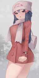 1girls absurd_res ass beanie blue_eyes blue_hair dawn_(pokemon) female female_only hi_res human jacket jpeg kataku_musou looking_at_viewer pokemon pokemon_dppt pokemon_platinum red_clothing red_jacket snow snowing solo thighs