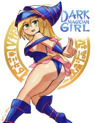 1girls ass big_ass big_butt blonde_hair boots breasts dark_magician_girl eye_contact female female_focus female_only green_eyes long_hair looking_at_viewer solo text thick_thighs thighs tony_welt yu-gi-oh!