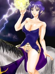 1girls bare_arms bare_legs bare_shoulders bare_thighs bottomless breasts cleavage collarbone electricity female female_only female_pubic_hair fire_emblem fire_emblem:_the_blazing_blade horse horseback_riding large_breasts legs lightning magic morison_no.1 nintendo open_mouth pubic_hair purple_eyes purple_hair riding smile solo thighs ursula_(fire_emblem) villain